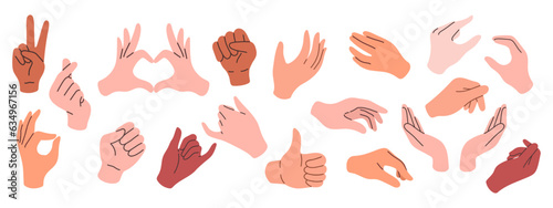 Set of hands in doodle style isolated human arms. Vector different man woman hands showing peace sign, heart, thumb up. © spirka.art