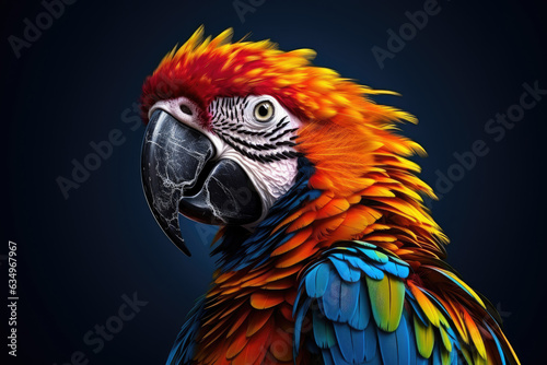 Close up of portrait colorful Parrot Macaw with beautiful feathers and wings, natural birds from amazon forest, wildlife concept, with Generative Ai.