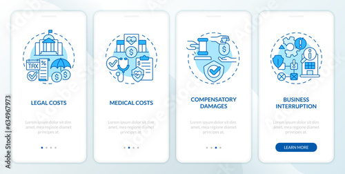 2D icons representing product liability mobile app screen set. Walkthrough 4 steps blue graphic instructions with line icons concept, UI, UX, GUI template.