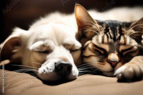 cat and dog sleeping on a bed