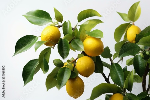 Lemon tree with fruits on a white backdrop. Generative AI