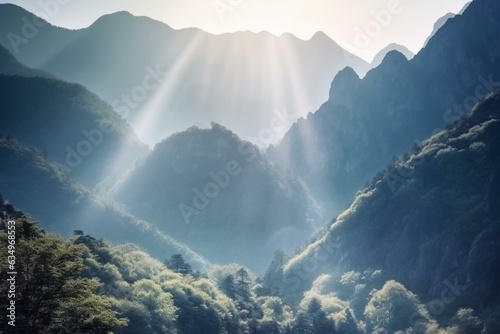 Mountains gleam in gentle morning rays. Generative AI