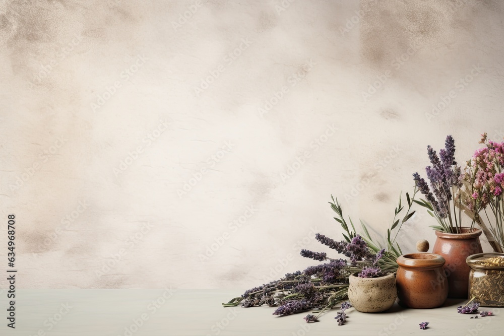Herbal apothecary aesthetic. Jars with dry herbs and flowers on a beige background. With Generative AI technology Herbal apothecary aesthetic. Jars with dry herbs and flowers on a beige background. With Generative AI technology