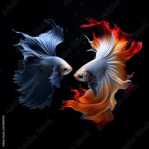 Two colorful betta fishes on the black background © Kseniia