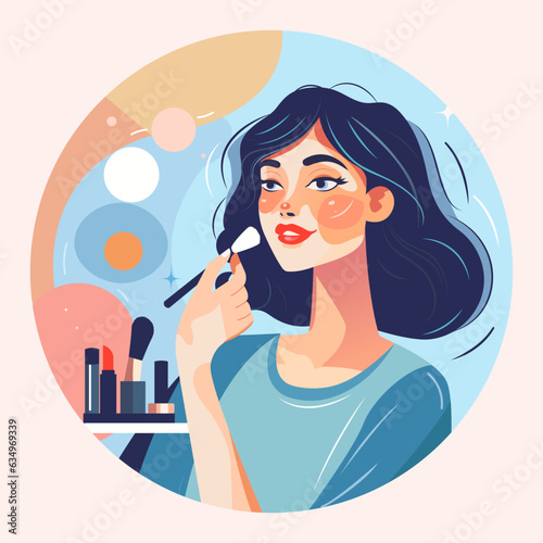 Professional makeup artist doing make up with brush for beautiful young girl vector illustration. Beauty shop, salon concept art. Fashion and beauty industry. For logo, poster, highlights, banner.