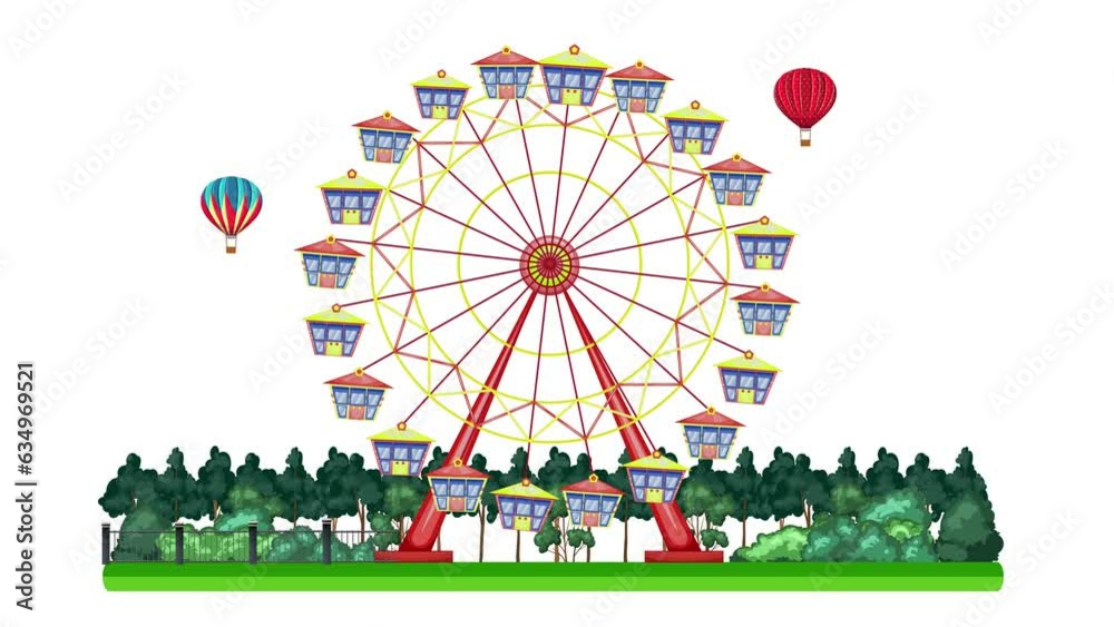 Ferris wheel fun fair ride rotates in a circle with a hot air balloon floating in the sky and trees surrounding. Ferris wheel fun fair ride rotates in a circle with a hot air balloon floating in the sky and trees surrounding.