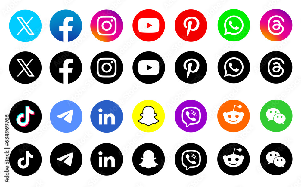 Latest updated Social media icon set. Round shape Colour & black and white  app icons. Latest updated collection with X, threads, instagram,  facebook,whatsapp, tik tok and . vector EPS 10. Stock Vector