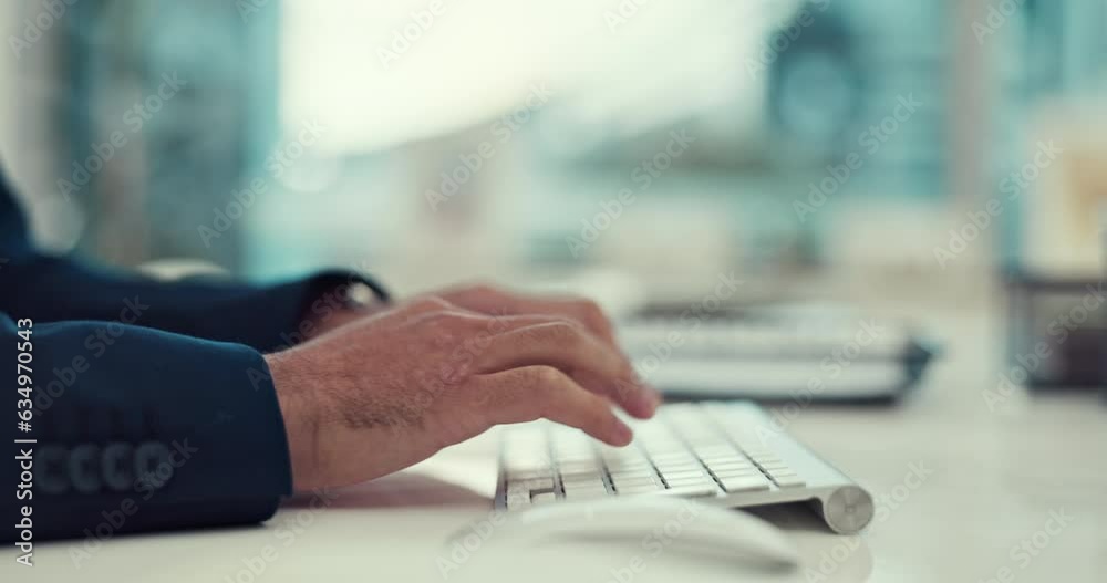 Business person, hands typing and keyboard for online copywriting, website marketing and office research. Professional employee, writer or editor on computer for article, editing and internet search