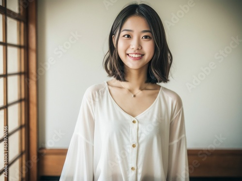 Portrait of a Beautiful Asian Japanese Girl 19-30 years old in Pajamas. , looks at the camera on White Background. generative AI