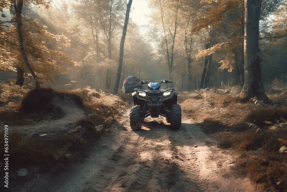 Agile ATV rides on sandy path through forest amongst trees. Generative AI