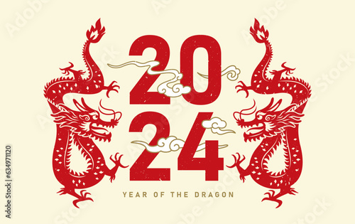 2024 Chinese new year, year of the dragon. Red Chinese dragon zodiac sign.