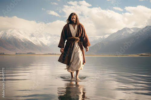 Front view of Jesus Christ walking on water