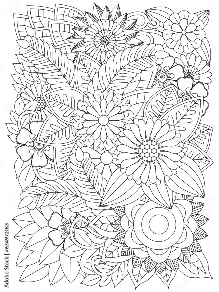 Black and white flower pattern for adult coloring book. Page for ...