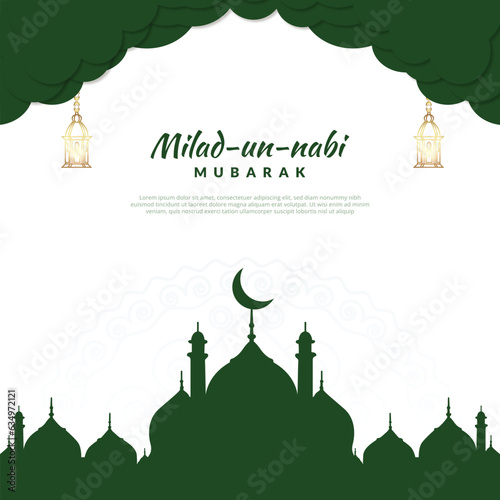 Vector beautiful green milad un nabi festival card design with mosque post, banner, vector file