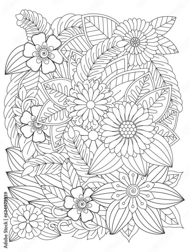 Black and white flower pattern for adult coloring book. Vector black and white colorin page for colouring book. Page for coloring book. Doodle floral drawing. For adults and kids.