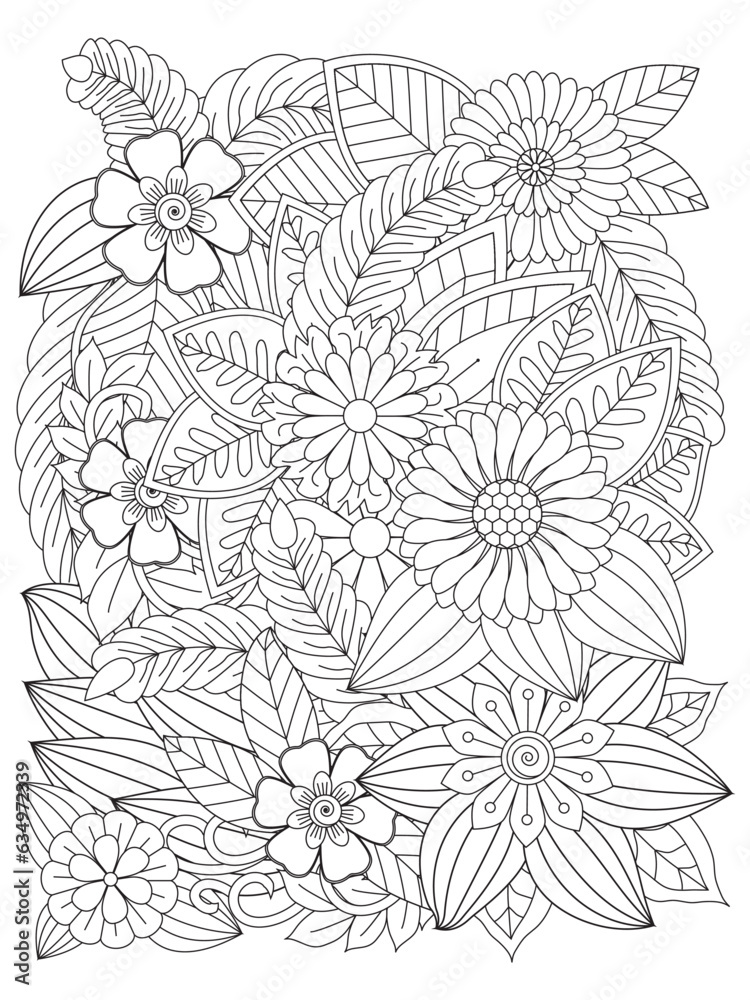 Black and white flower pattern for adult coloring book. Vector black ...