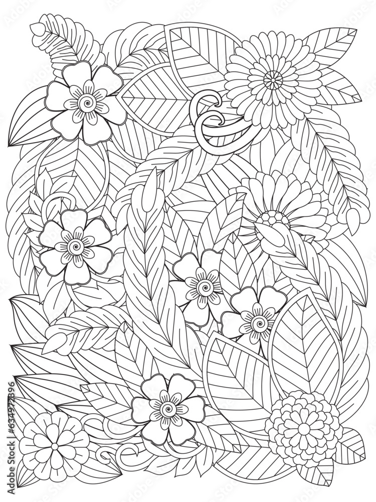 Vector coloring page of floral pattern. Black and white flower pattern ...