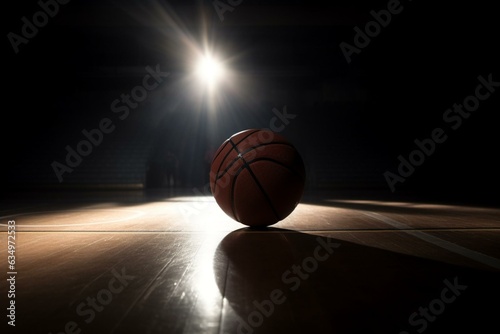 Basketball ball in spotlight on court. Generative AI © Freddie