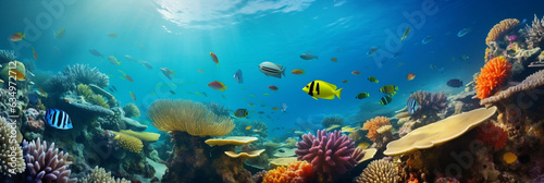 Image for banner background. Underwater atmosphere with beautiful fish and corals. Clear water. Free space for content.