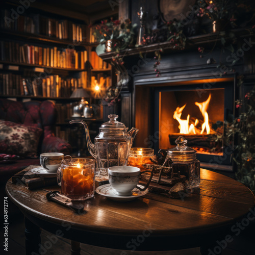  A cozy cabin scene with a fireplace
