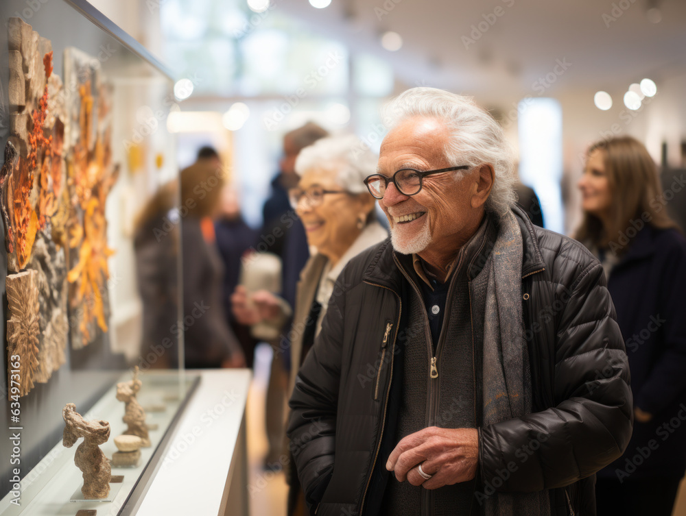 Old people attend art exhibitions - obrazy, fototapety, plakaty 