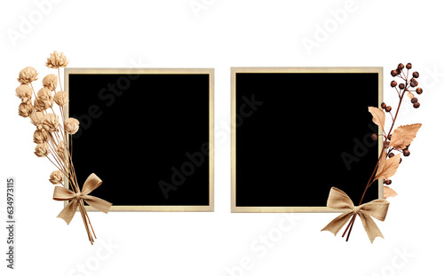 Set of retro photo frame with dried flowers, linen bows. Nostalgic scrapbooking collection with vintage photo and dry pressed flower. Isolated on white background