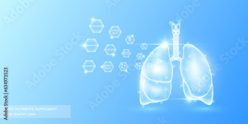 Vitamins minerals lutein zeaxanthin and citrus fruit berry in hexagon absorbed into the lung. Best nutrients supplement for healthy lungs. Health care medical. Human organ translucent. Vector.