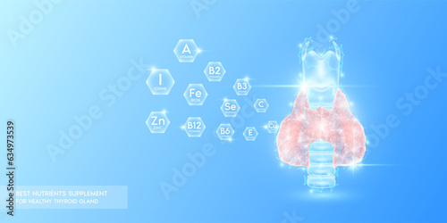 Vitamins minerals with iodine in hexagon absorbed into the thyroid gland goiter treatment. Best nutrients supplement for healthy. Health care medical innovation. Human organ translucent. Vector.