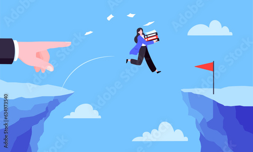 Businesswoman jumps over the abyss across the cliff flat style design vector illustration. Business concept of fearless businesswoman with courage. Risk, goal achievement, work obstacles and success.
