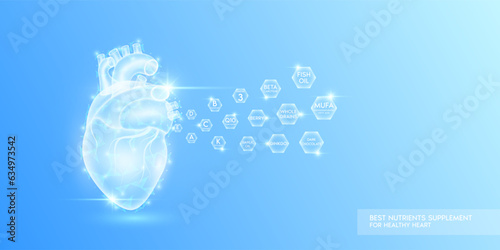 Vitamins minerals Coenzyme Q10 and Monounsaturated Fatty Acid in hexagon absorbed into the heart. Best nutrients supplement for healthy heart. Health care medical. Human organ translucent. Vector.