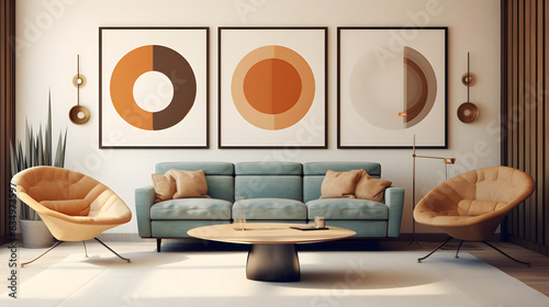 interior design mock up poster frames with sofa, living room interior . Mid century design