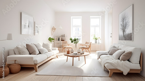 Interior of living room with green houseplants and sofas, Scandinavian style interior