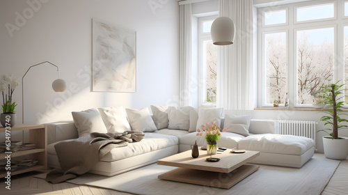 Interior of living room with green houseplants and sofas  Scandinavian style interior