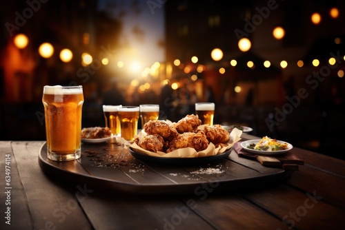 Oktoberfest beer glass and fried chicken on festival background. With Generative AI technology