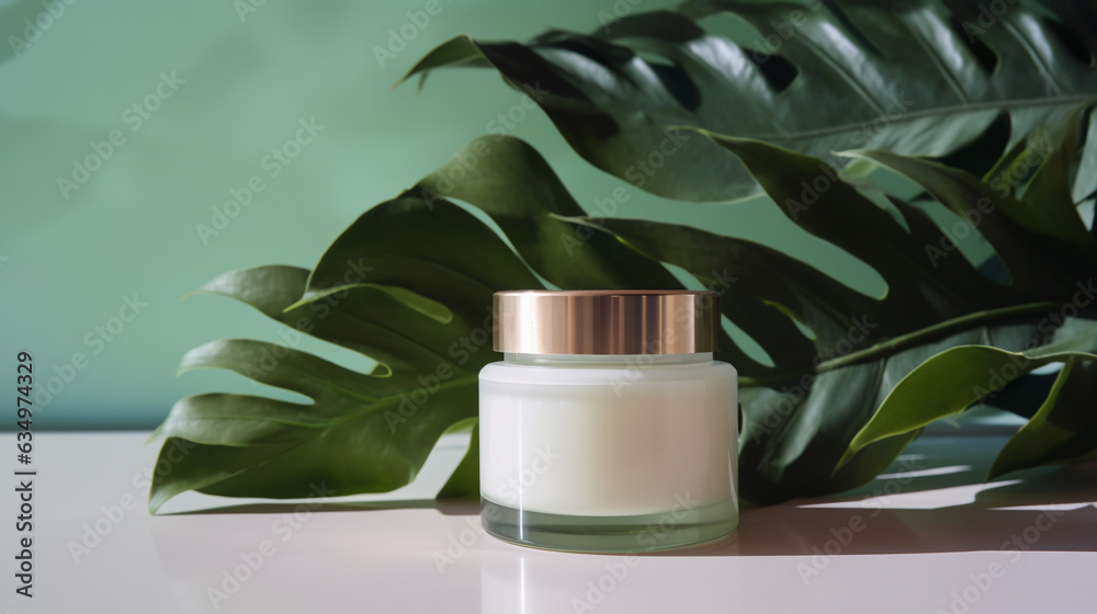 Generative AI, glass jar with moisturizing face cream on the background of green palm leaves, cosmetology, spa procedures, skin care Generative AI, glass jar with moisturizing face cream on the background of green palm leaves, cosmetology, spa procedures, skin care