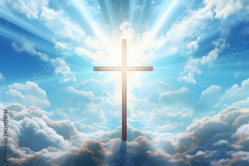 A cross emerges majestically within a serene backdrop of clouds, bathed in radiant rays of heavenly light. 
