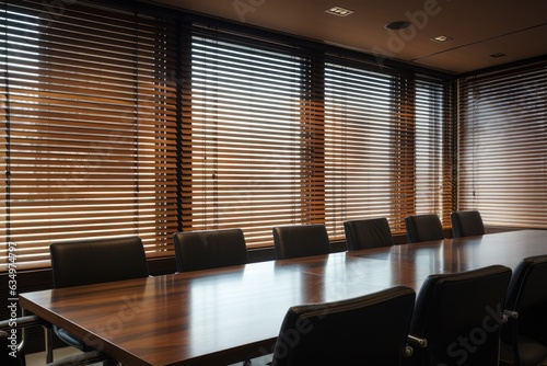 Control range for lighting in modern wooden jalousie office blinds during meetings.