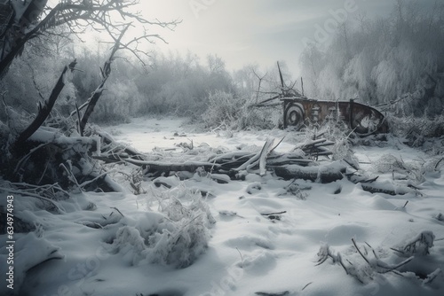 Fotografia A snowy land ravaged by a fierce blizzard. Generative AI