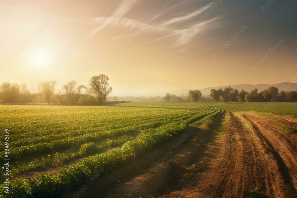 A serene rural landscape showcasing organic farming in the sun. Generative AI