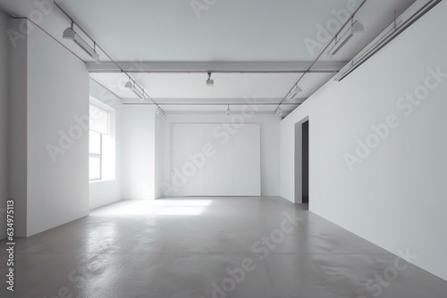 A spacious room with a white canvas on a wall. Generative AI