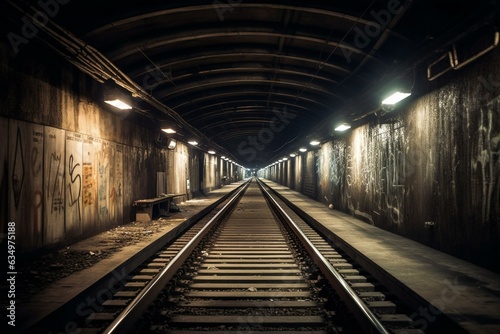 Underground path for trains in nighttime. Generative AI