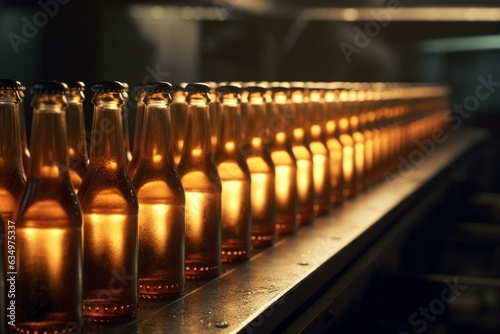 Beer bottles on conveyor  close-up. Generative AI