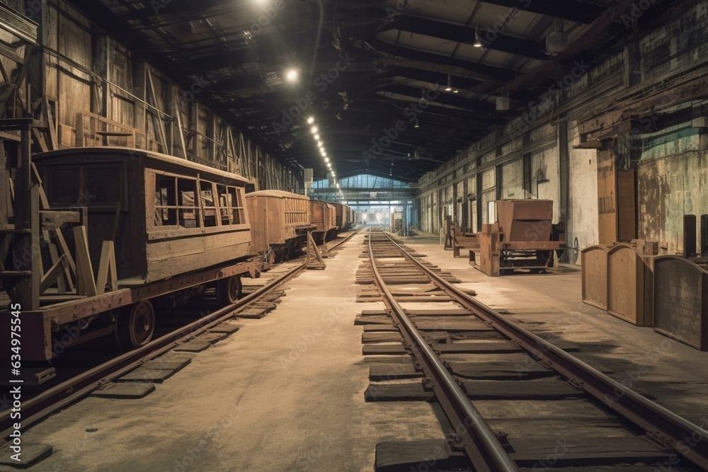 Inside old warehouse with railway exhibit. Generative AI