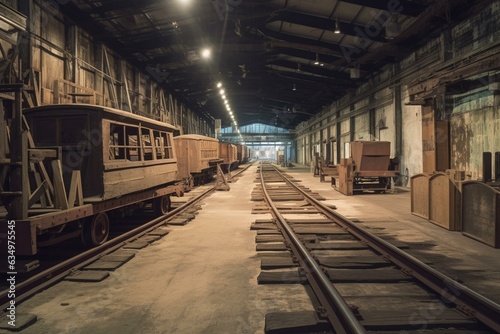 Inside old warehouse with railway exhibit. Generative AI