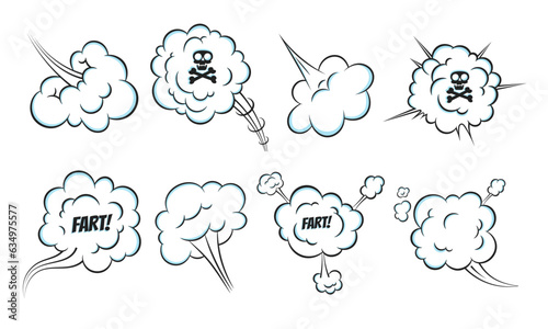 Smelling pop art comic book cartoon fart cloud flat style design vector illustration set with text and skull with crossed bones. Bad stink or toxic aroma cartoon smoke cloud.