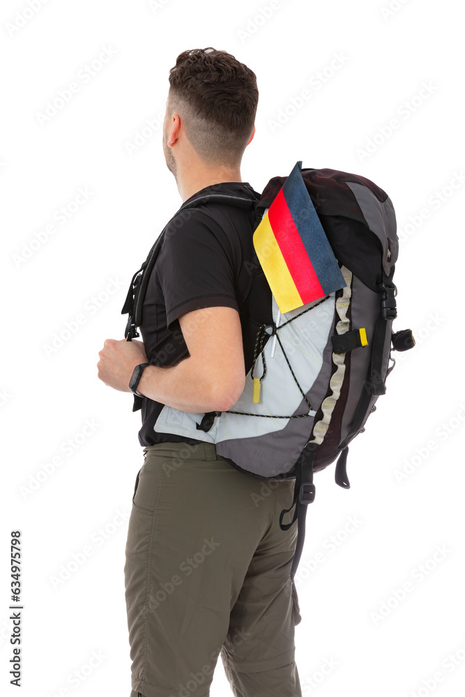 Back view portrait of trekker with a backpack and flag of Germany isolated on white background. Thirty years old man in black T-shirt posing in studio. Back view portrait of trekker with a backpack and flag of Germany isolated on white background. Thirty years old man in black T-shirt posing in studio.