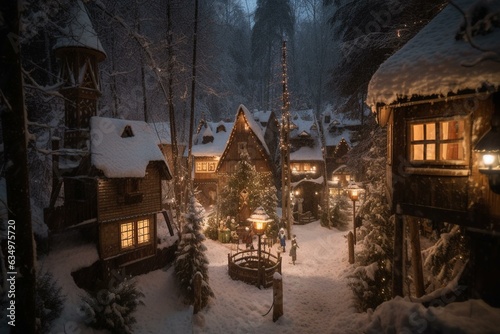 A forest village with tall trees  snow  and twinkling lights. Generative AI