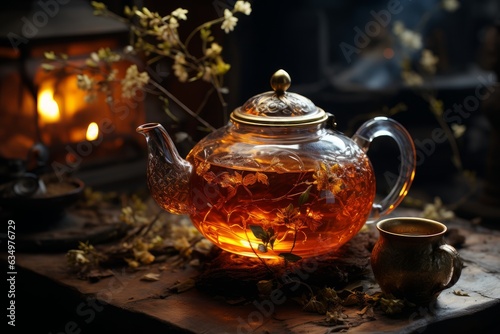 cup of tea in a log cabin on a cold autumn day