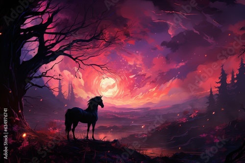 silhouette of a unicorn in a world of fantasy on a purple night © jechm