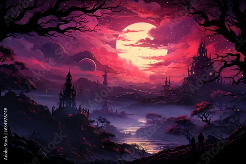 fairy-tale scenery in a purple sunset
